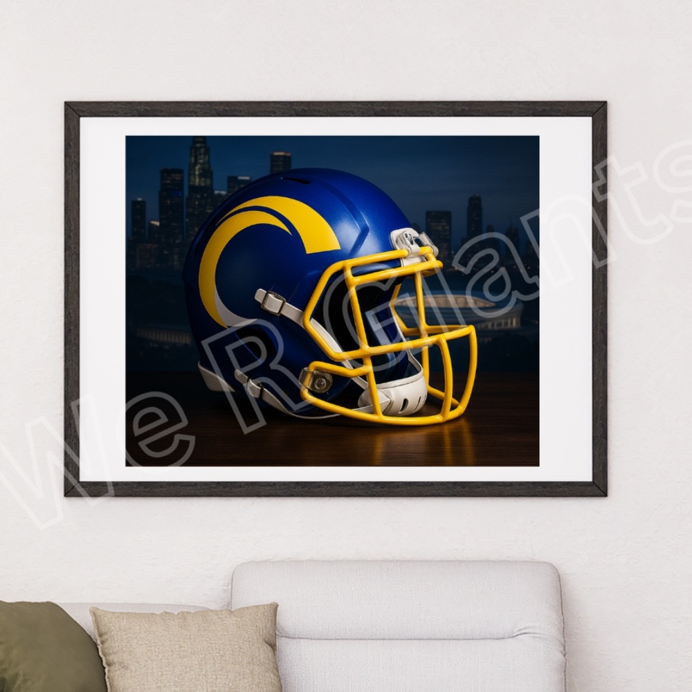 20x16 Los Angeles Rams Football Helmet Art Print Night Skyline Wall Art